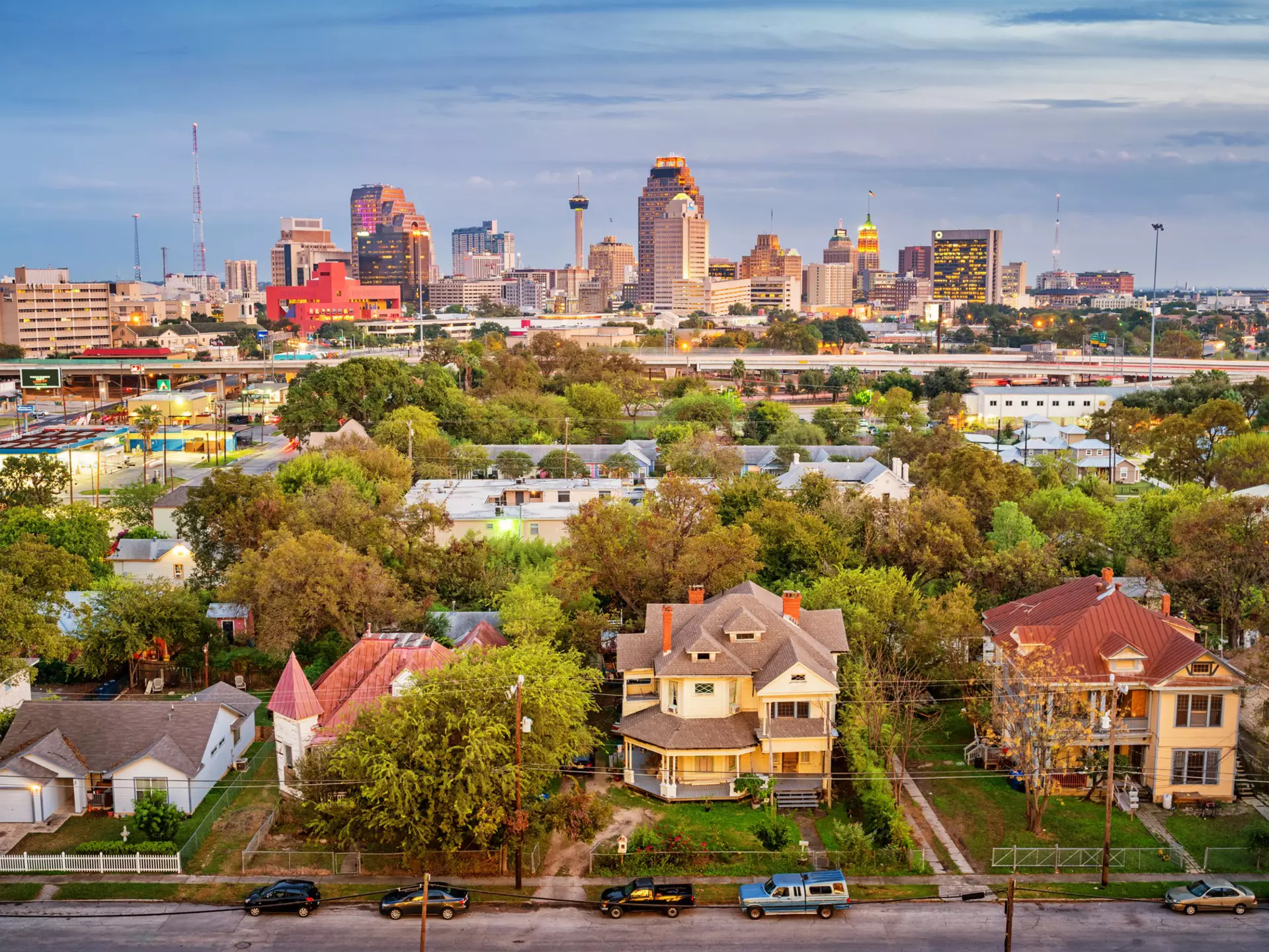 Stock photograph of a residential district and the downtown skyline of San Antonio Texas USA at twilight.
1081109060