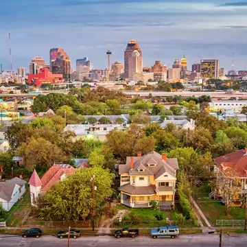 Stock photograph of a residential district and the downtown skyline of San Antonio Texas USA at twilight.
1081109060
