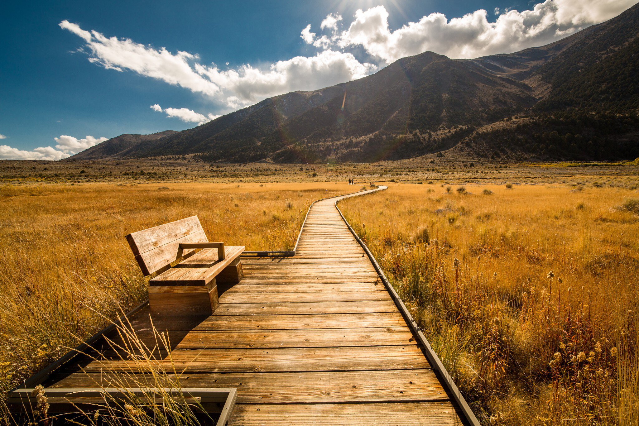 Mono Lake wooden walkway and bench.