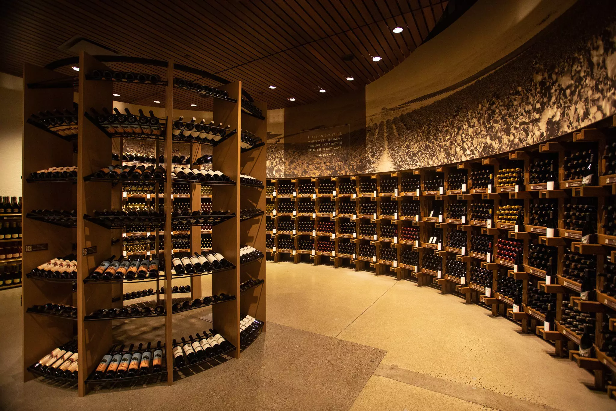A wine cellar stocked with wines wall to wall. A shelf of wines also stands in the foreground