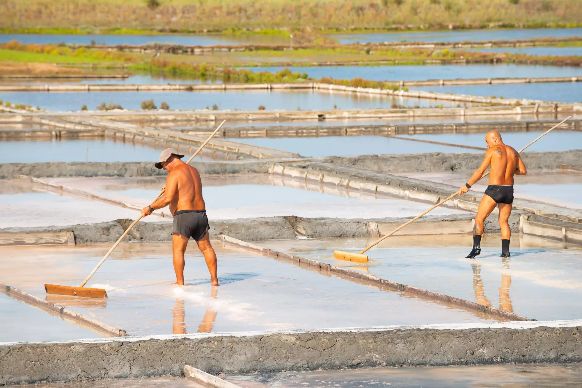 Traditional salt farmers rake their flats outside of Aveiro © Austin Bush / Lonely Planet
