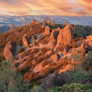 Spectacular sunset over High Peaks at Pinnacles National Park, California.