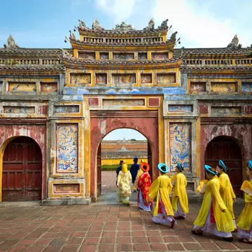 View of the Imperial City with the Purple Forbidden City within the Citadel in Hue, Vietnam.