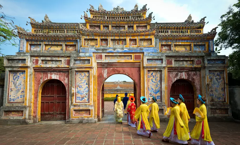 View of the Imperial City with the Purple Forbidden City within the Citadel in Hue, Vietnam.