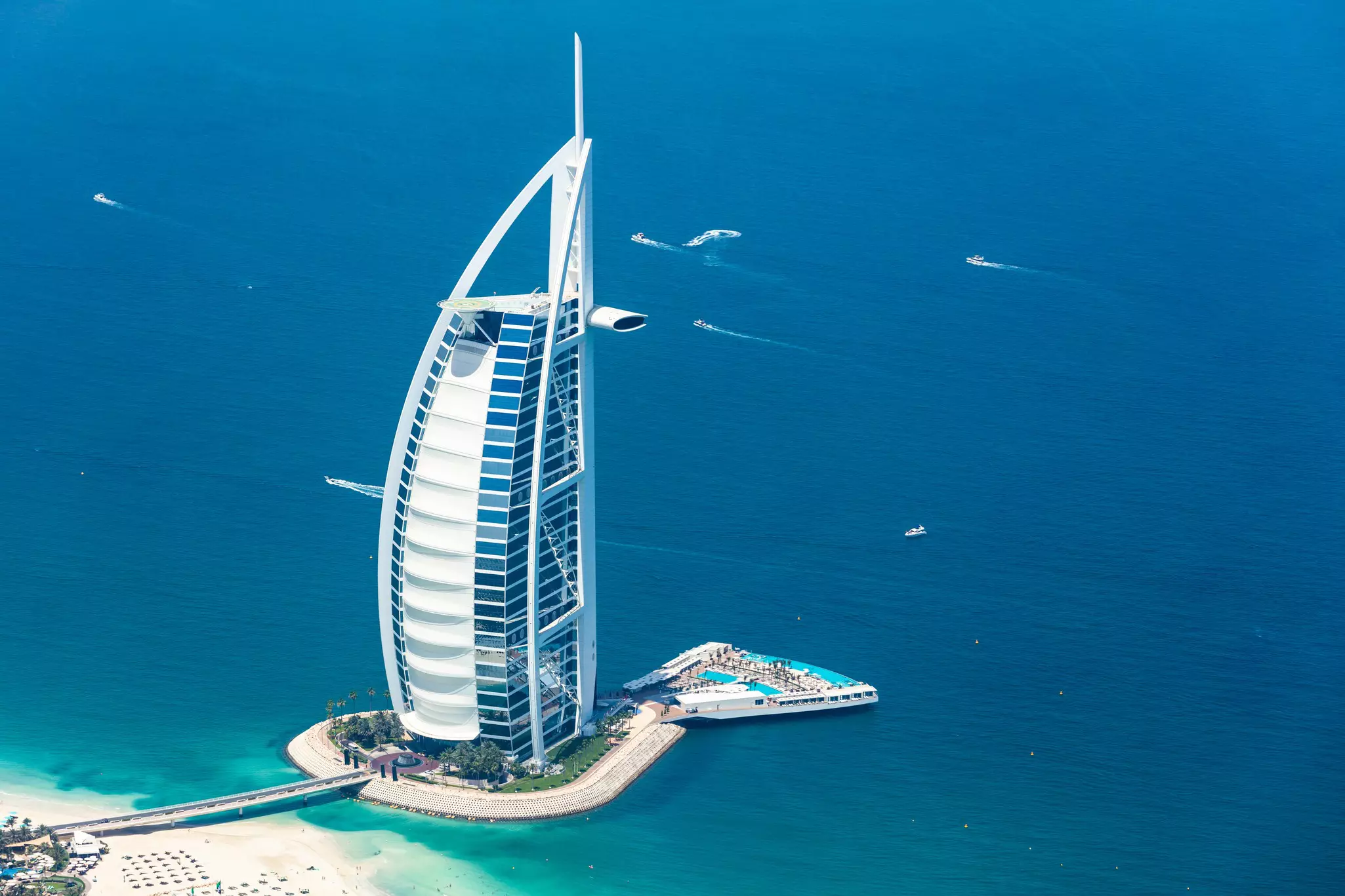 Burj Al Arab is the third tallest hotel in the world and stands on an artificial island.