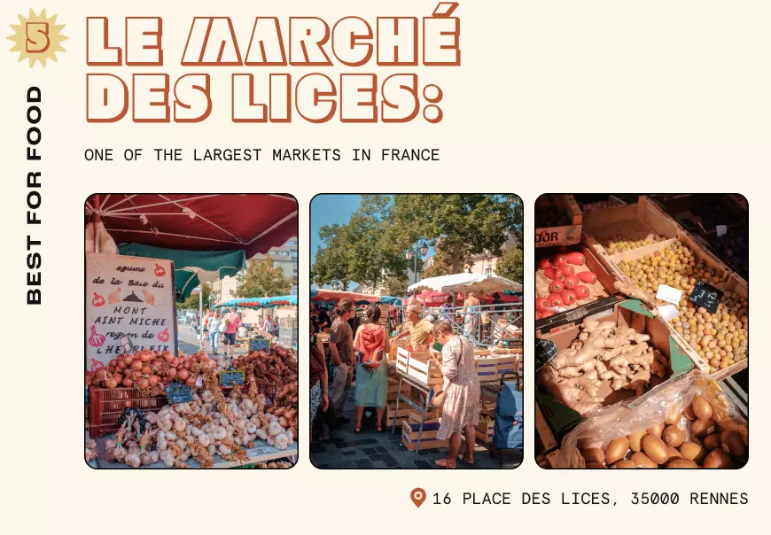 An outdoor food market with stalls selling fresh produce on a sunny day in Rennes