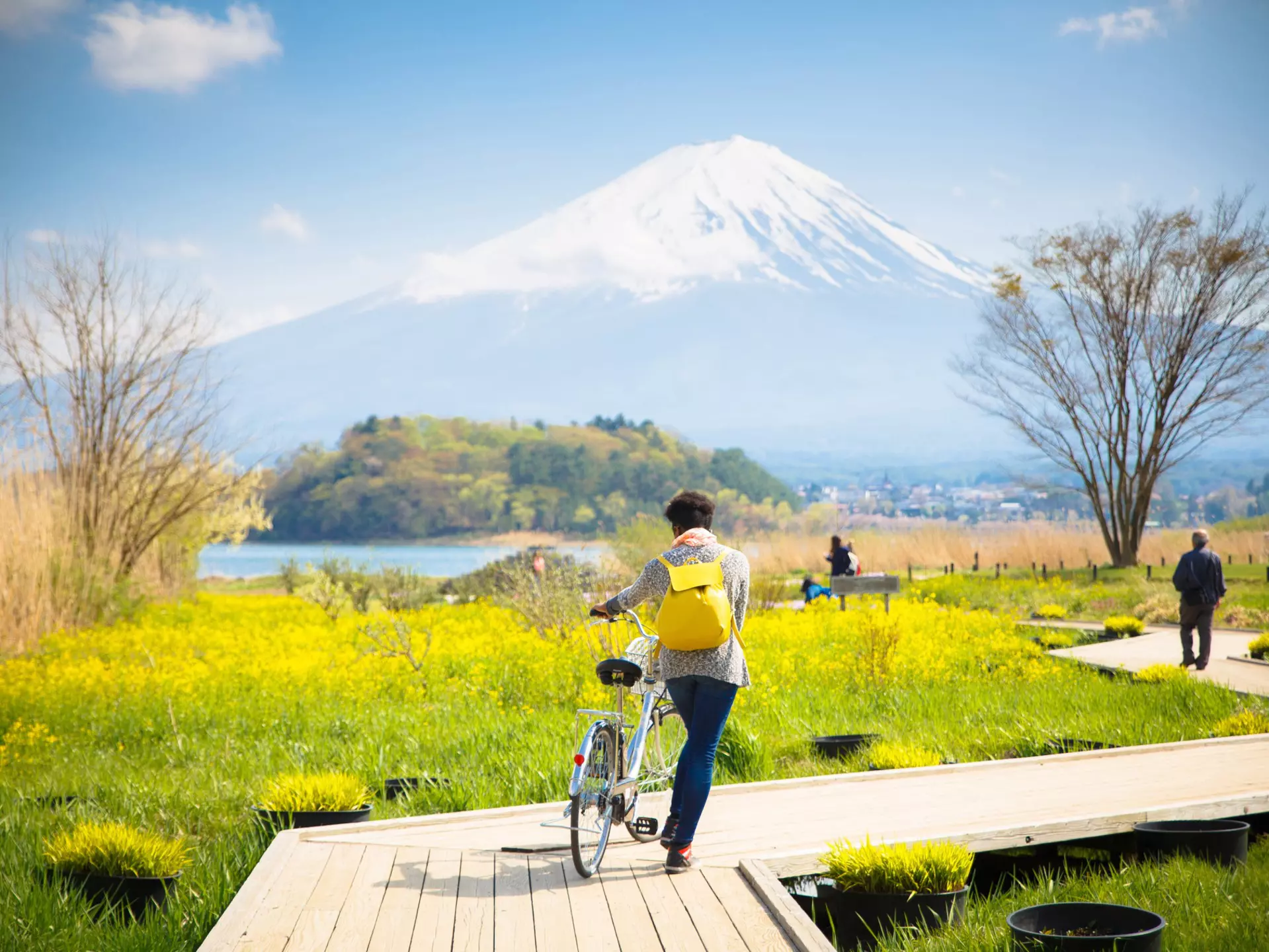 Mt. fuji with snow and flower garden along the wooden bridge at Kawaguchiko lake in japan, Mt Fuji is one of famous place in Japan. A women take a bicycle on wooden bridge.  License Type: media  Download Time: 2021-09-27T18:50:52.000Z  User: zachary.laks_lonelyplanet  Is Editorial: No  purchase_order:   