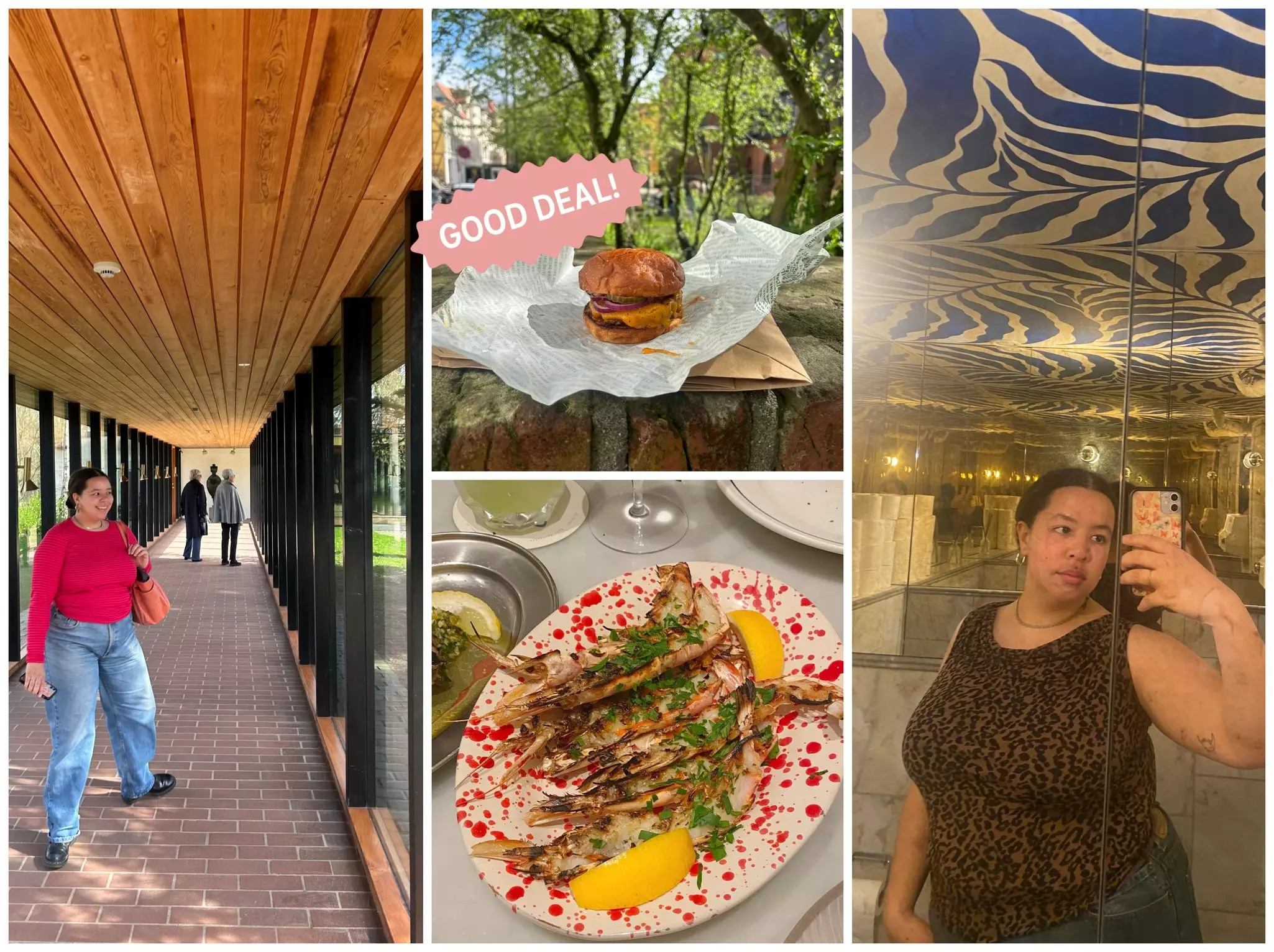 Left: Chamidae in Lousiana. Top center: the 'worth the wait' Gasoline Grill cheeseburger. Bottom center: prawns at Delphine. Right: Chamidae poses in her new thrifted top from O-S-V Second Hand © Chamidae Ford 