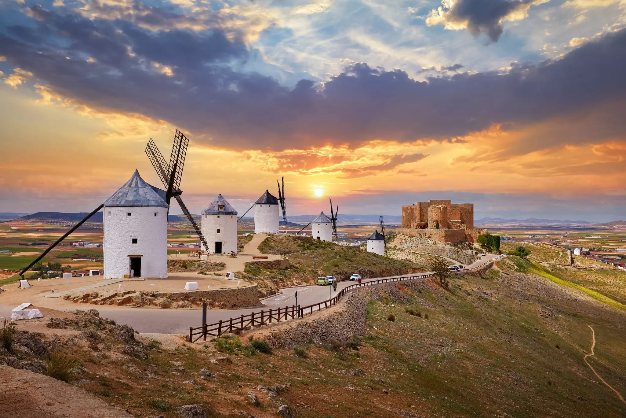 Windmills and old castle in Consuegra, Toledo, Castilla La Mancha, Spain