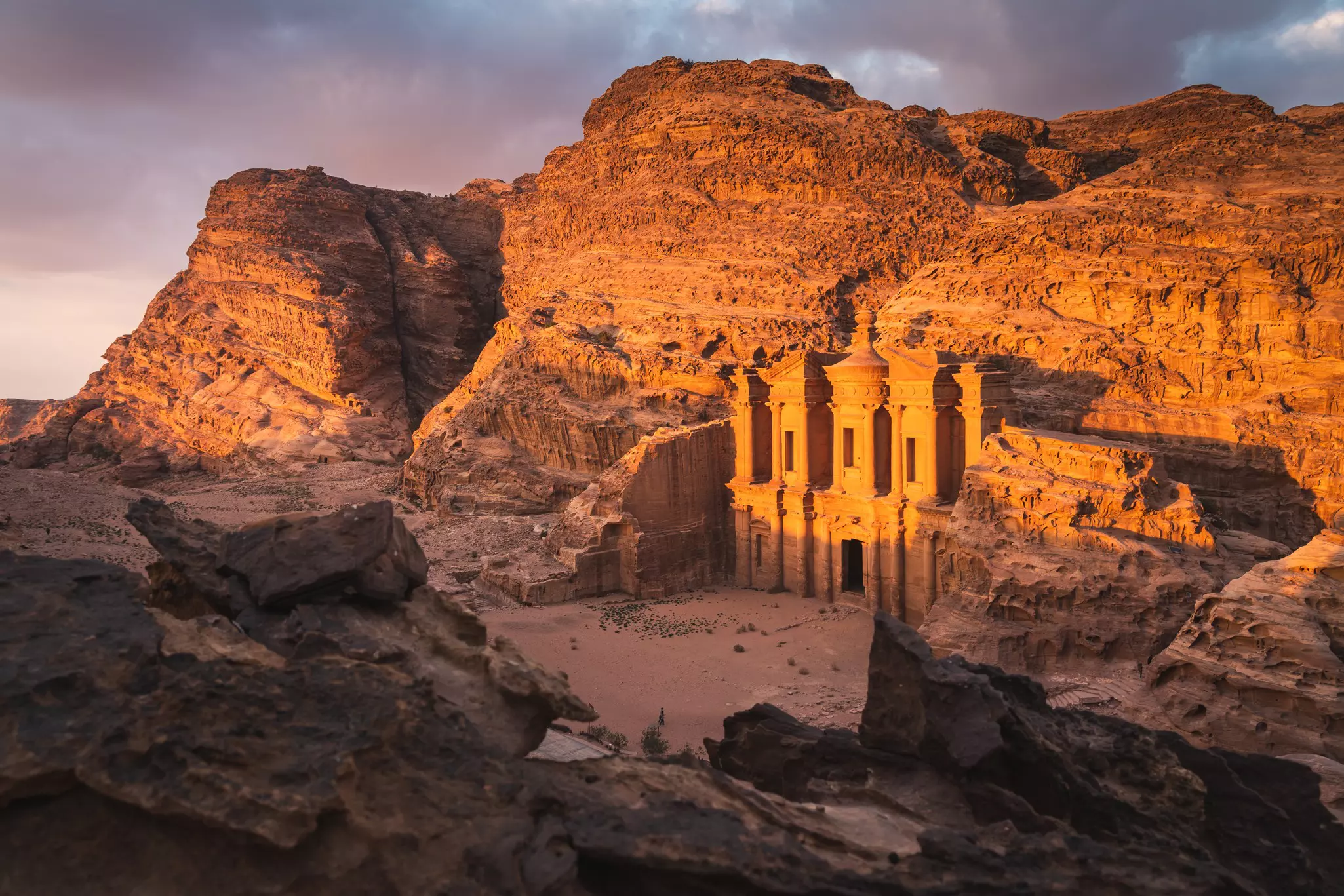 The Monastery or Ad-Dayr at sunset in the ruins of Petra, Jordan.