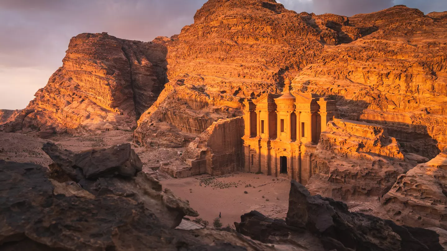 The Monastery or Ad-Dayr at sunset in the ruins of Petra, Jordan.