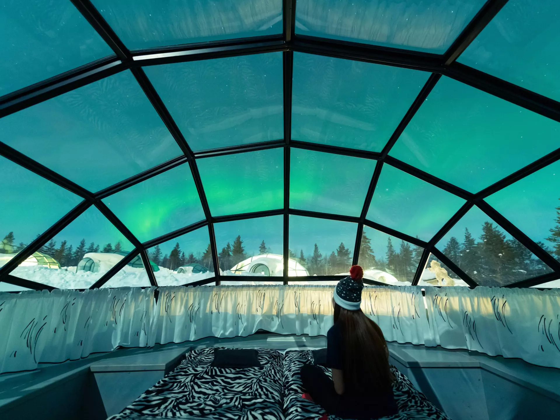 Aurora borealis shining in the night sky seen from Glass Igloos.