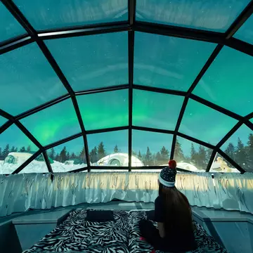 Aurora borealis shining in the night sky seen from Glass Igloos.