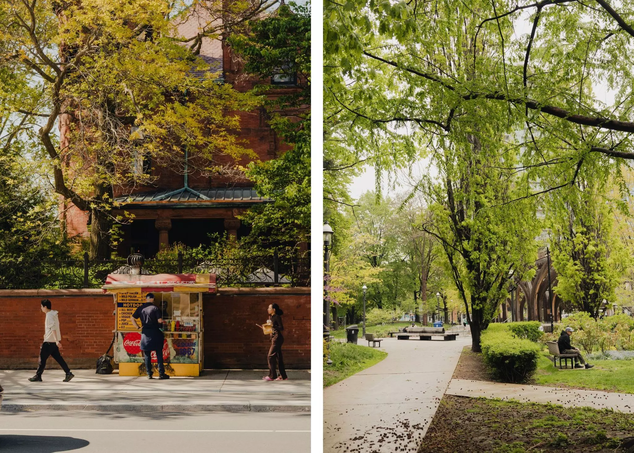 Left, aman at a hot dog stand on a street; right, a man sitting on a bench in a park.