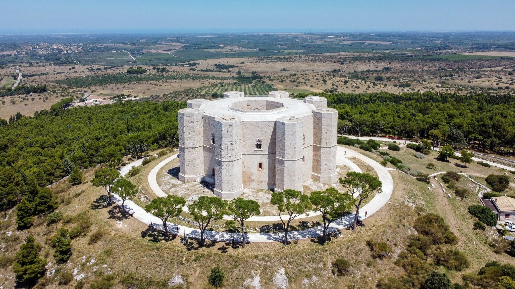 Aerial view of the Castel del Monte in Southern Italy - Octogonal shaped castle built by the Holy Roman Emperor Frederick II in the 13th century in Apulia; Shutterstock ID 1801891420; your: Bridget Brown; gl: 65050; netsuite: Online Editorial; ful...