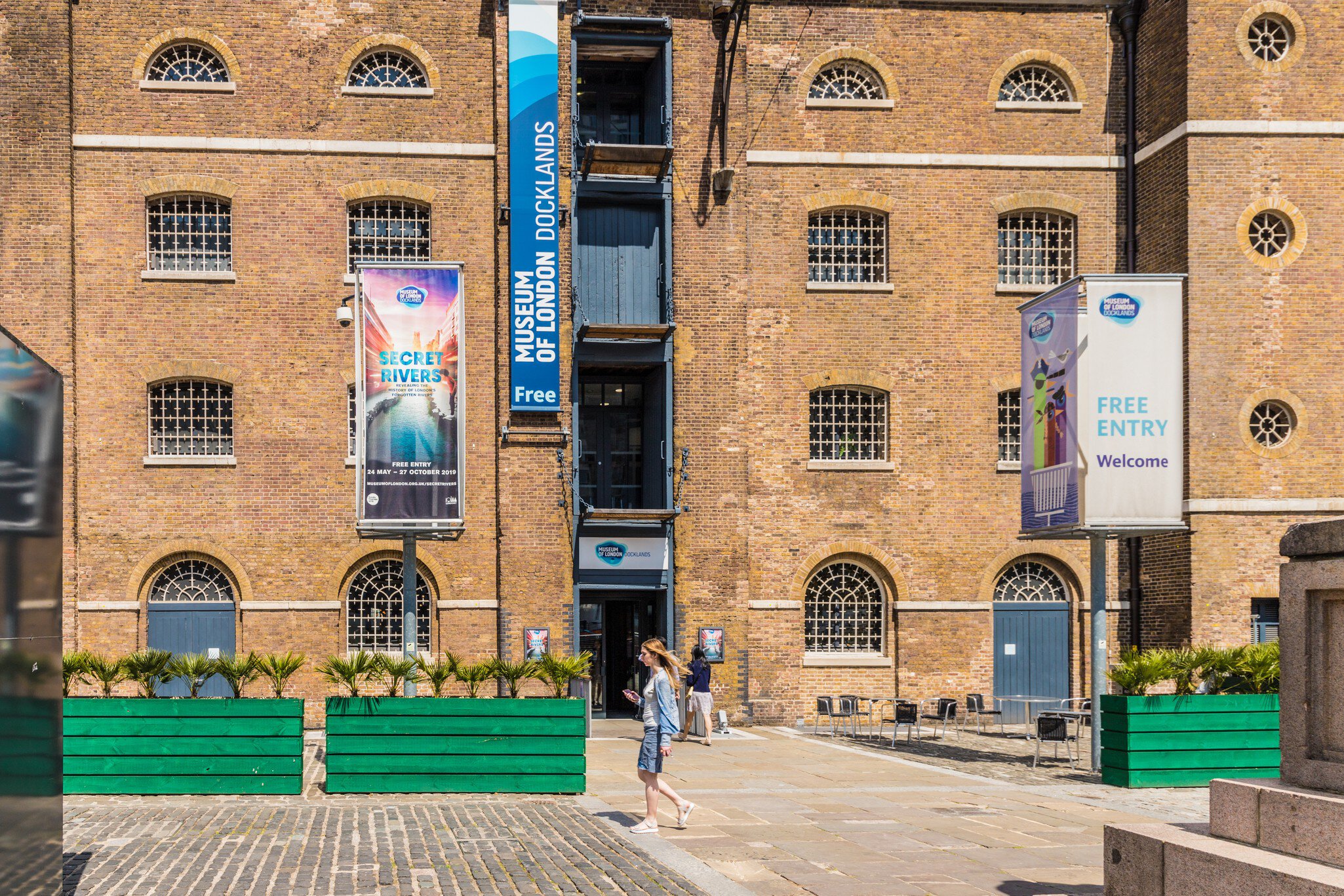 View of the entrance to the Museum of London Docklands in London, UK.