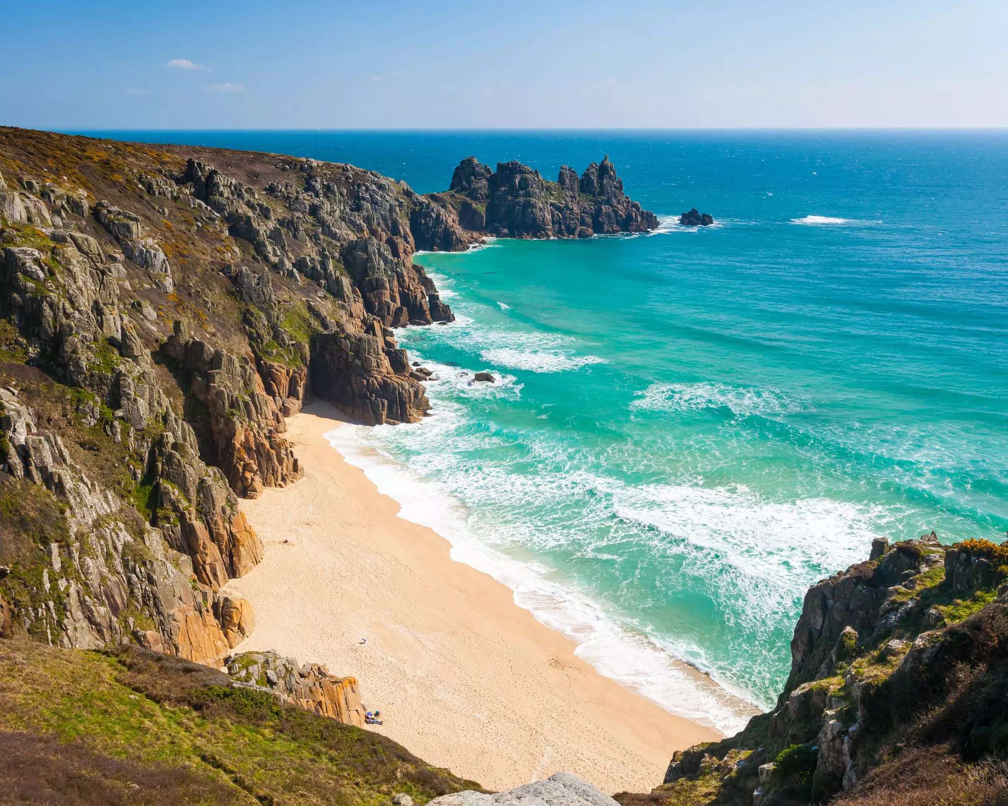 Overlooking Pedn Vounder Beach from Treen Cliffs, Cornwall, England, UK.