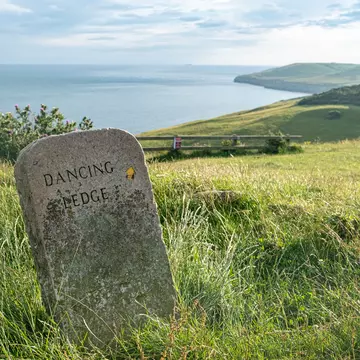 A waymarker on the South West Coastal Path route on the Jurassic Coast. William Barton/Shutterstock