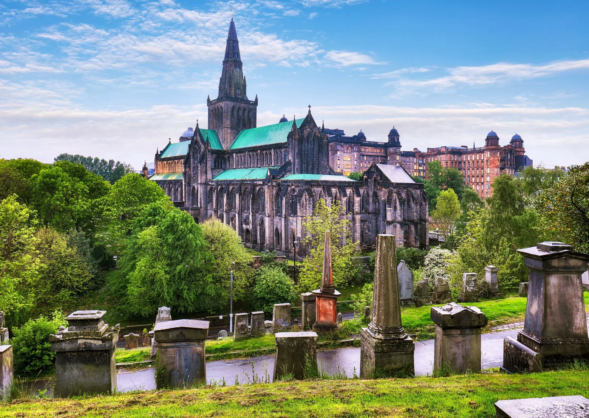 Glasgow Cathedral viewed from the Glasgow Necropolis on a rainy day.