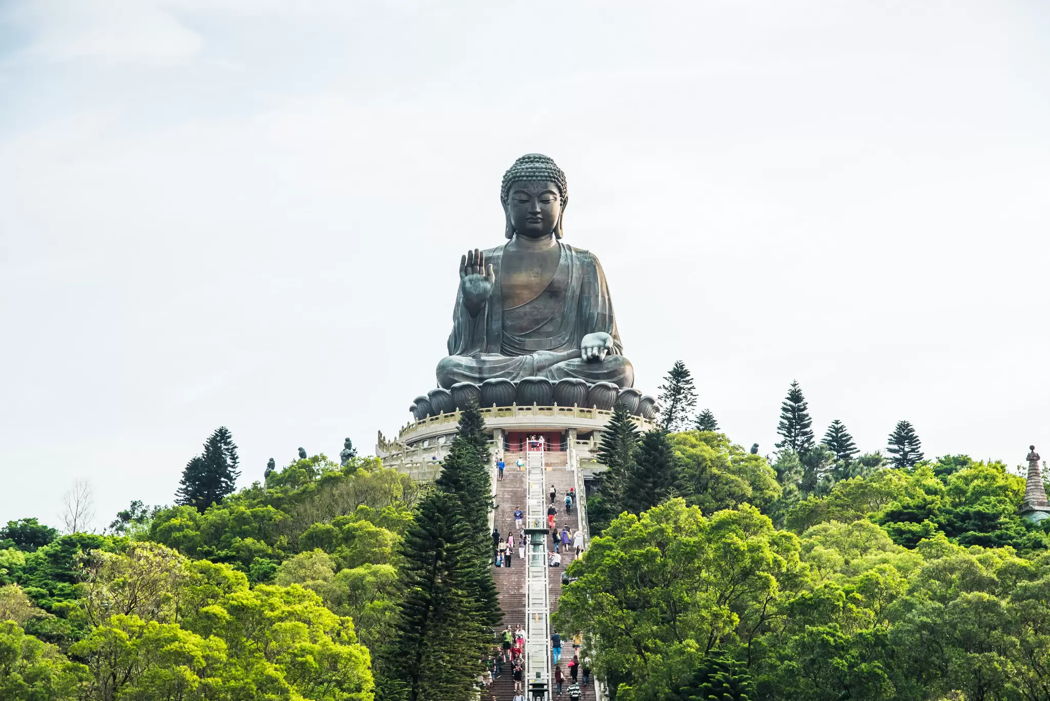 View of steps leading up to the Tian Tan Buddha at Po Lin Monastery in Hong Kong.