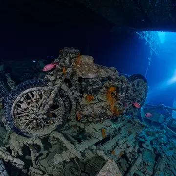 Hurghada, Red Sea / Egypt - 12.08.2019: Scuba diver modelling at the famous Thistelgorm ship wreck. She sunkt during war loaded with military supply. ; Shutterstock ID 1608922342;