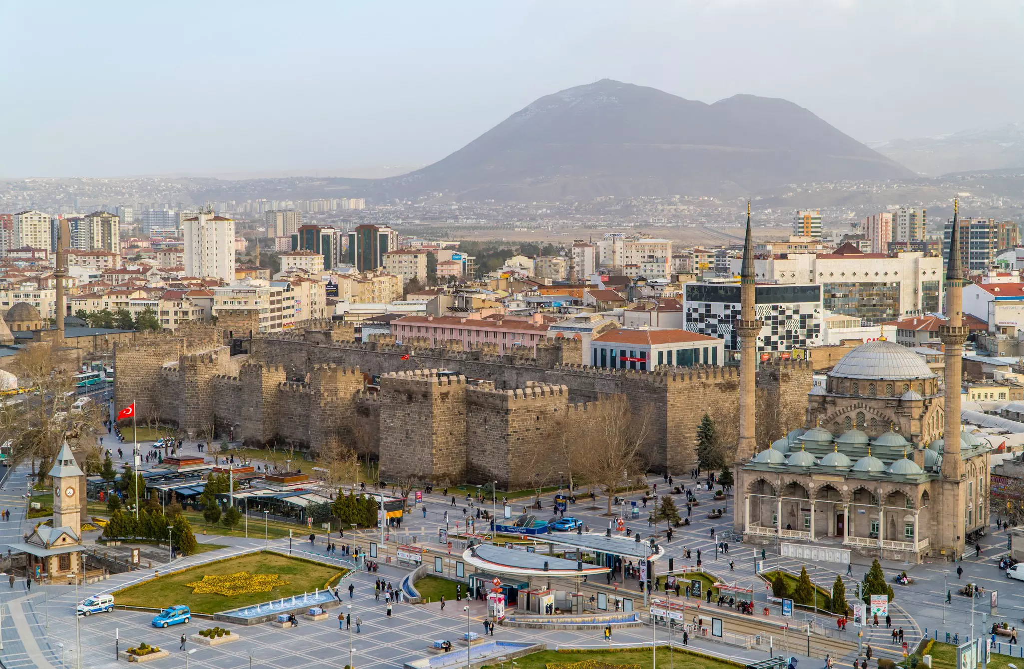 Panoramic view of the center of Kayseri with Kayseri Castle and mosque, Cappadocia, Turkey