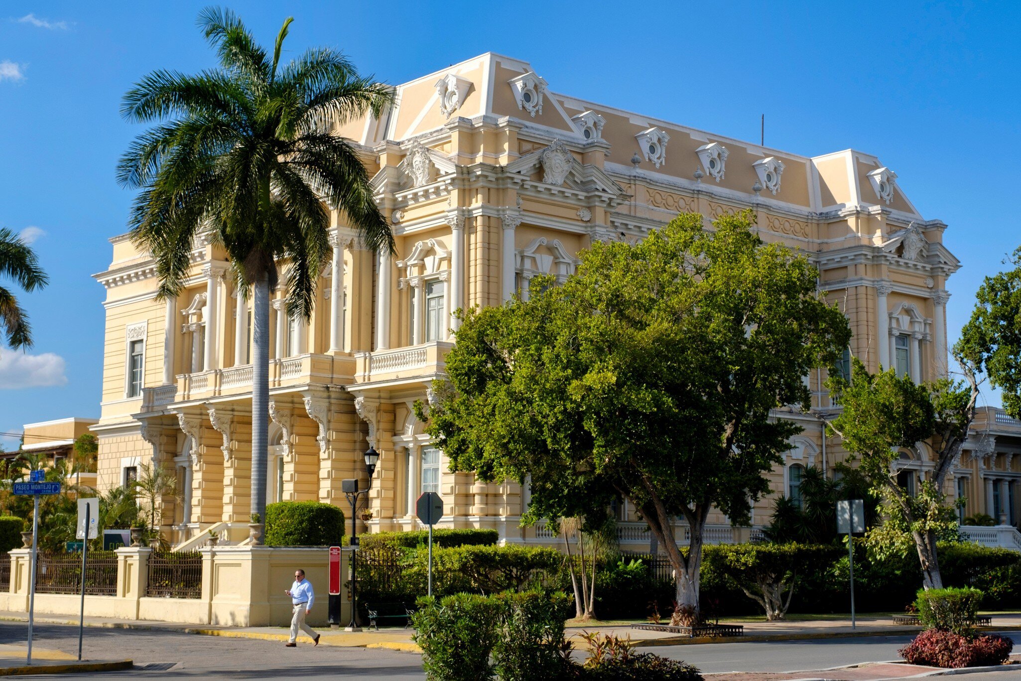 An ornate cream-colored mansion behind palm trees on a tree-lined avenue.