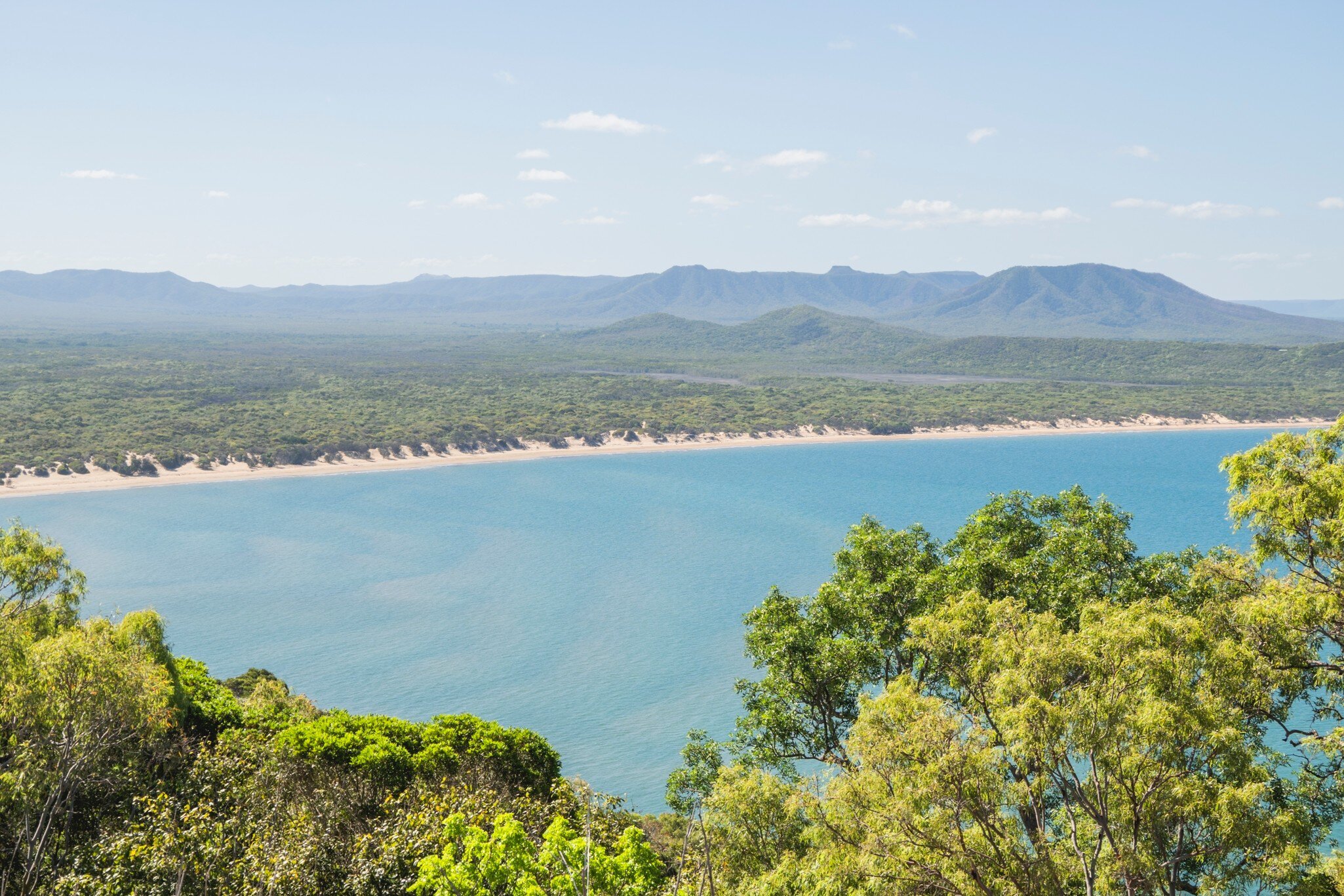 Walker Bay or the Endeavour River mouth from a high vantage point. This view is seen from the Grassy Hill Lookout, Cooktown, Far North Queensland, Australia.