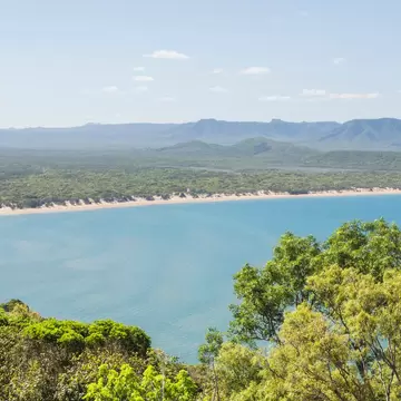 Walker Bay or the Endeavour River mouth from a high vantage point. This view is seen from the Grassy Hill Lookout, Cooktown, Far North Queensland, Australia.