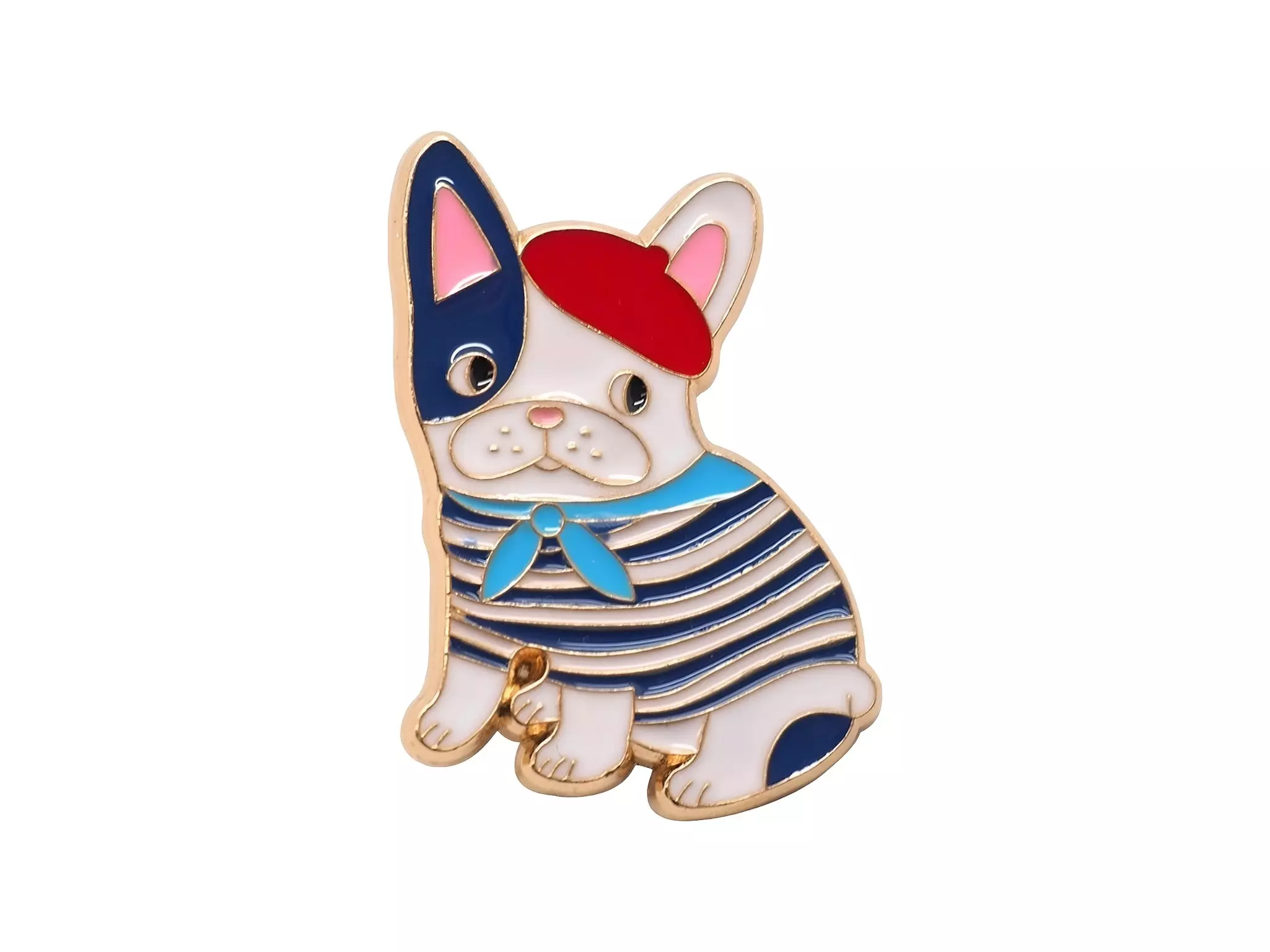 A white French bulldog wearing a red and black plaid dog jacket and a set of four red socks, standing in the snow