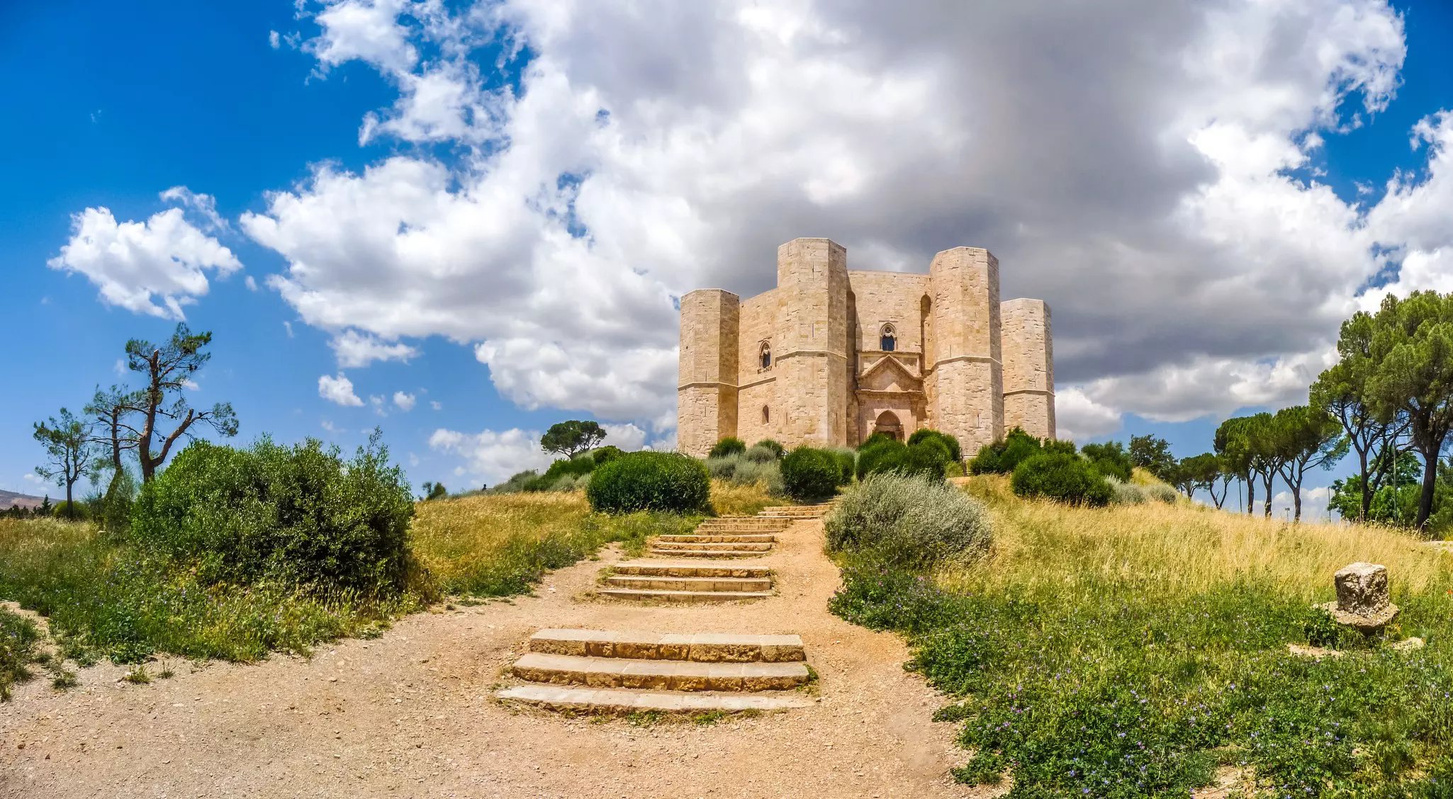 A view of steps leading to the octagonal Castel del Monte, in Puglia, Italy.