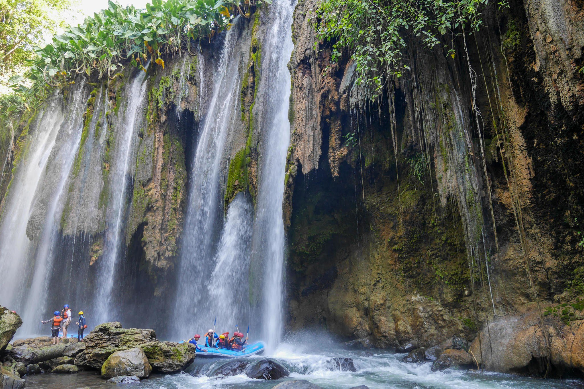 Rafting under waterfall, Pekalen River, East Java.