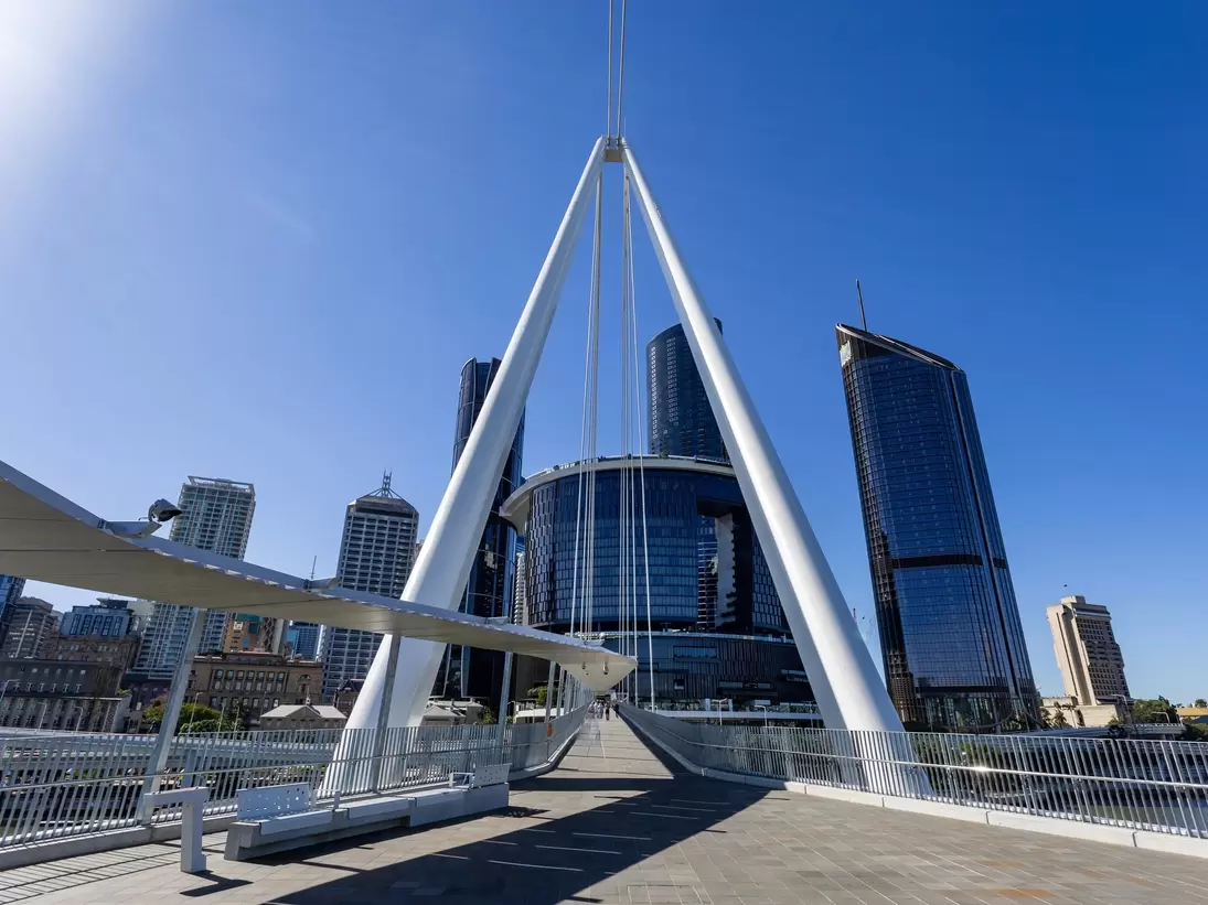 High-rise buildings seen from the Neville Bonner Bridge in downtown Brisbane City, Queensland, Australia.