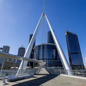 High-rise buildings seen from the Neville Bonner Bridge in downtown Brisbane City, Queensland, Australia.