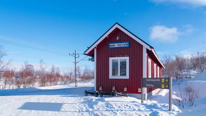 Abisko train station in the north of Sweden at the entrance of the famous hiking trail Kungsleden.; Shutterstock ID 2126226992; purchase_order:65050 - Digital Destinations and Articles; job:Digital; client:Dream trips; other:Sarah Stocking2126226992