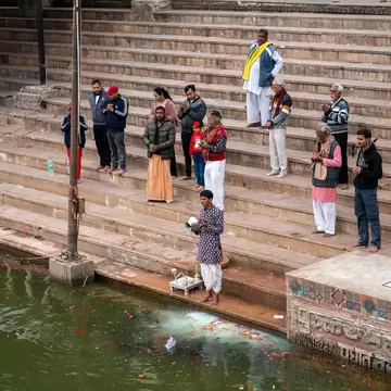 Priest pouring milk into lake during evening worship at Varah Ghat on Pushkar Lake, performing evening worship as lamps glow and prayers echo along the sacred water. 