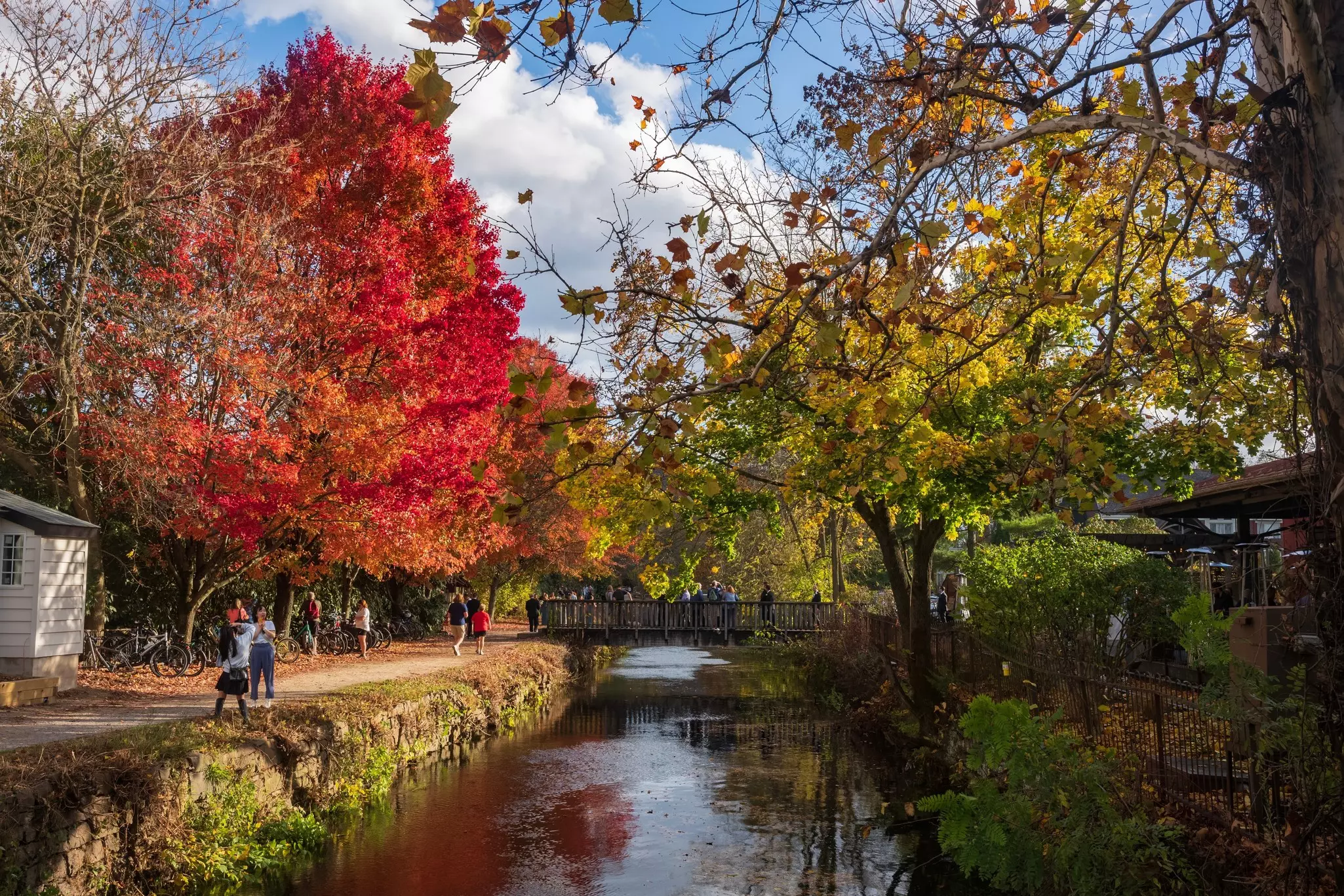 Visitors walk the path of the Delaware Canal Tow Path during a warm fall day as the trees show their autumn foliage. 