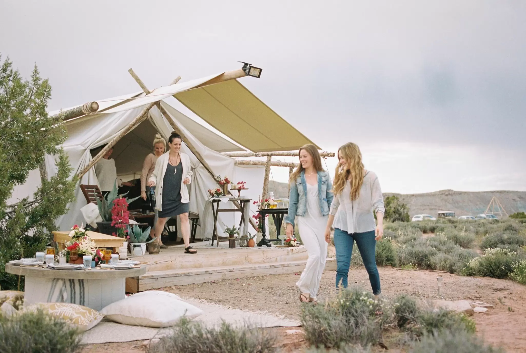 A glamping tent set up in a natural setting