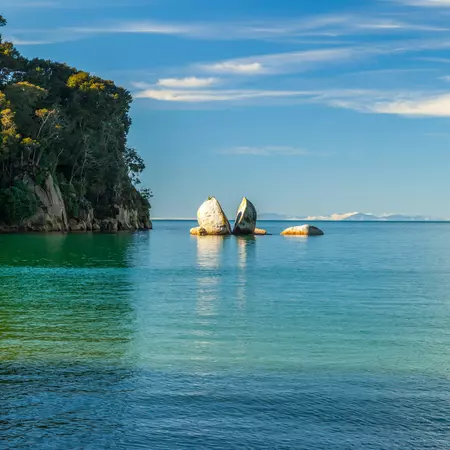 Split Apple Rock in Abel Tasman National Park with water all around