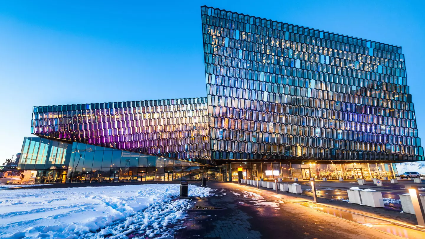 Harpa Concert Hall view at sunset in Reykjavik
