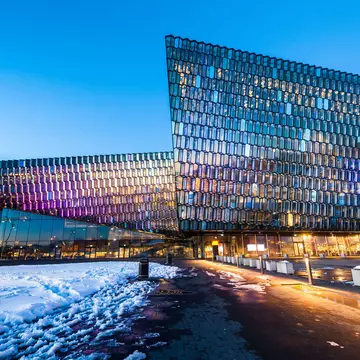 Harpa Concert Hall view at sunset in Reykjavik