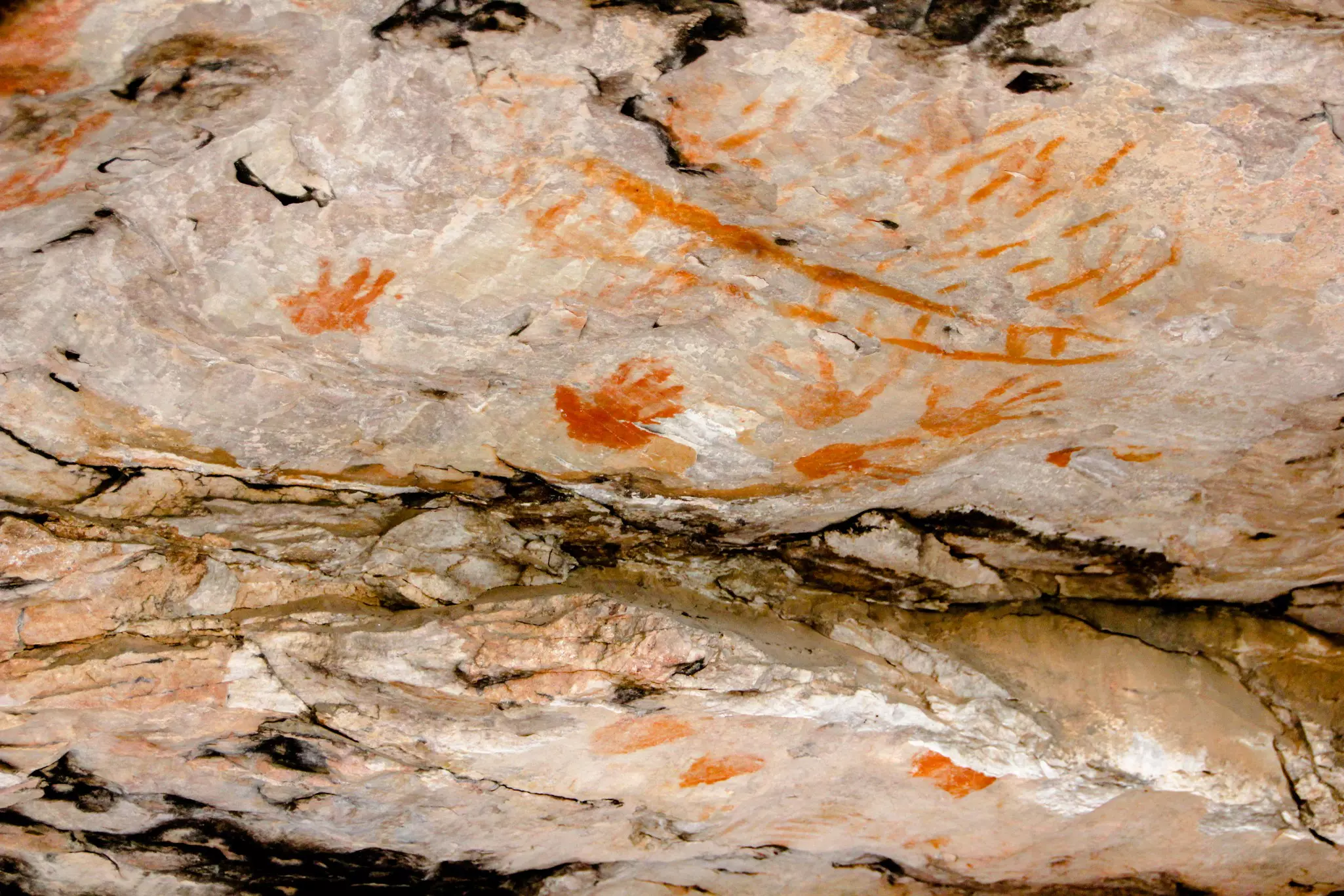 Orange-red handprints on a white rock wall.