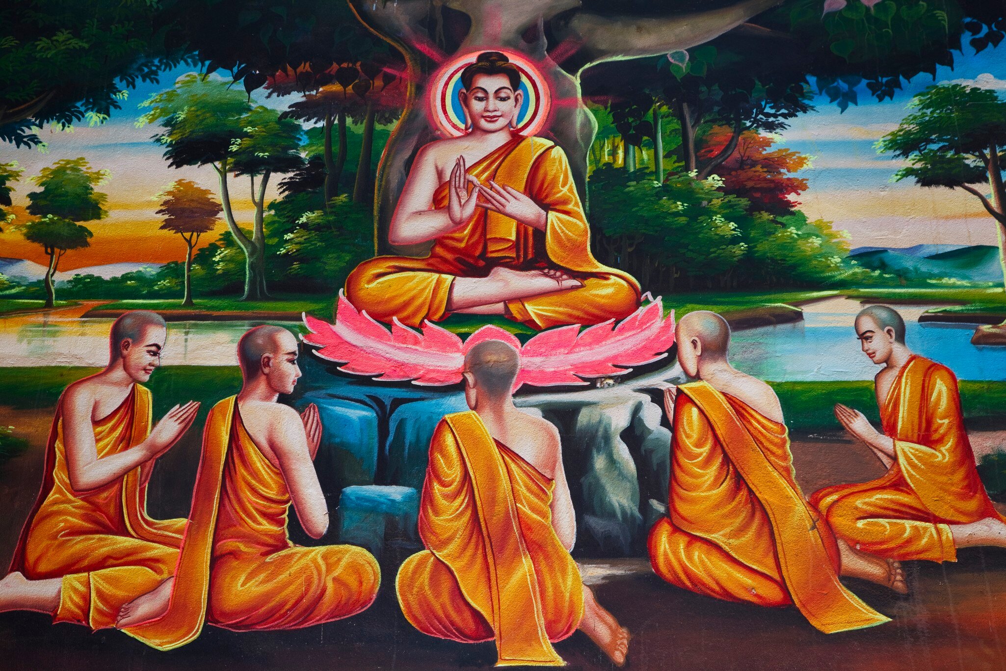 Colourful Buddhist wall paintings inside main pagoda of Wat Thmei.