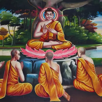 Colourful Buddhist wall paintings inside main pagoda of Wat Thmei.