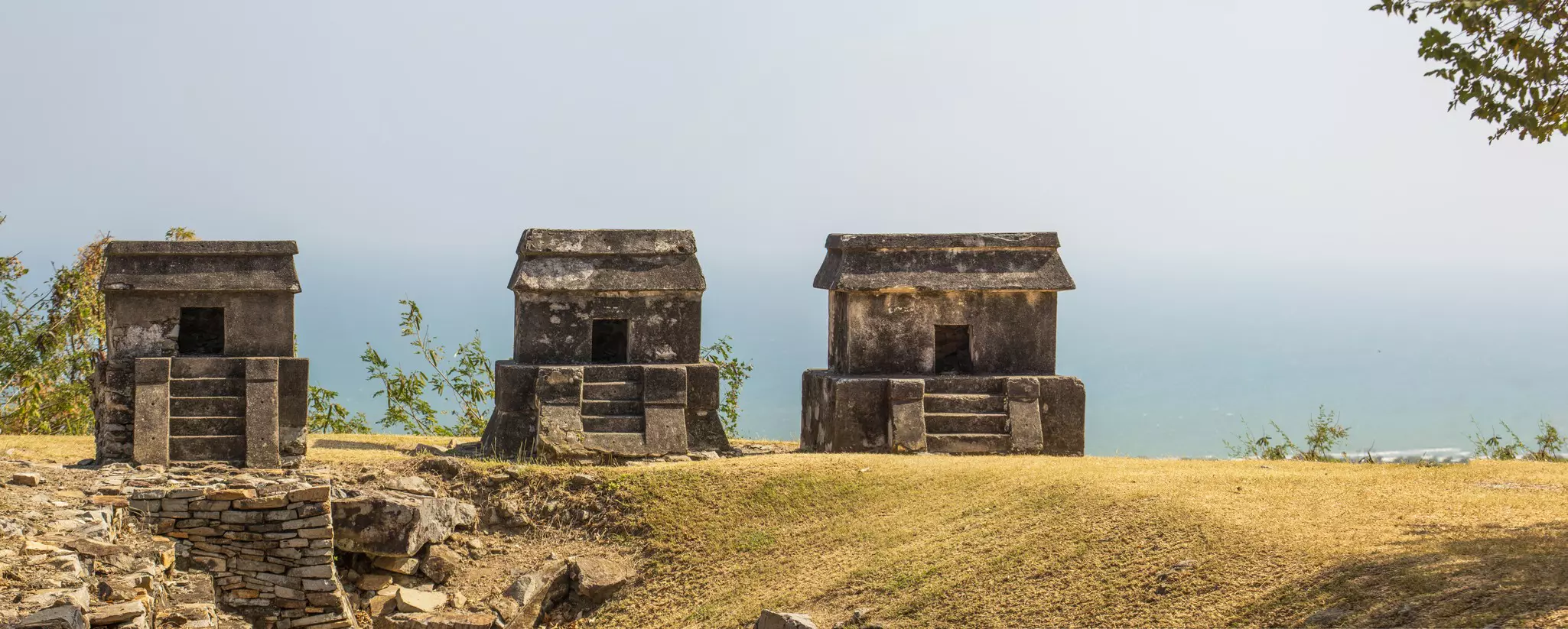 View of Tlaxcalan mausoleum style tombs at Zona Arqueológica Quiahuiztlán, in La Antigua, Veracruz, Mexico.