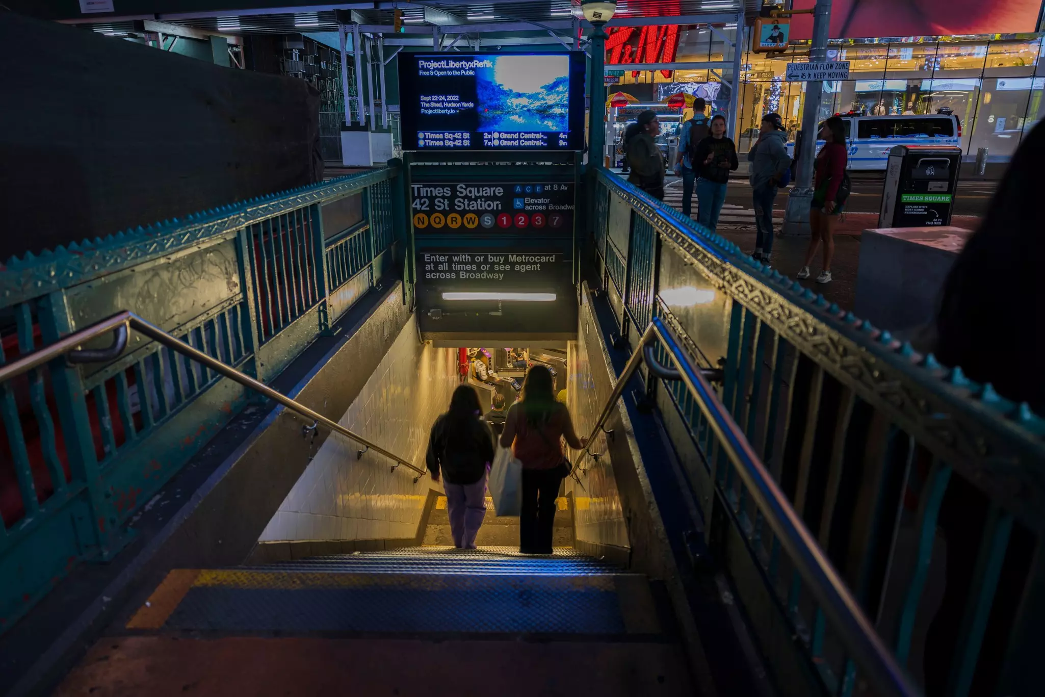 Night view of entering subway at Times Square Station, 42nd Street on Broadway in Manhattan. New York. USA. 