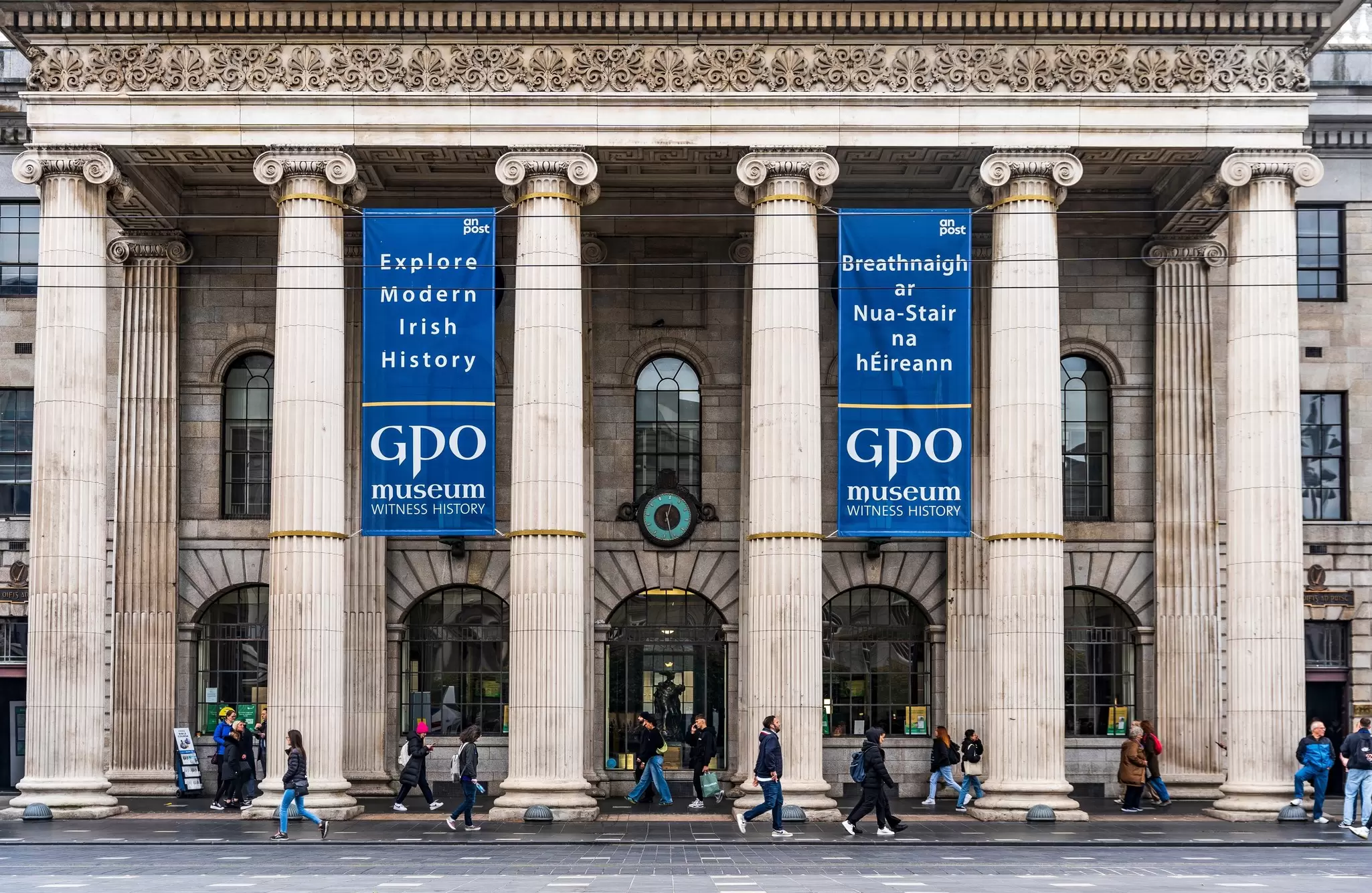 Dublin, Ireland - October 18th, 2023: Neoclassical faÃ§ade of General Post Office, headquarters of leaders of Easter Rising, in O'Connell Street, Dublin city center, Ireland  License Type: media  Download Time: 2024-01-26T09:10:40.000Z  User: gwencotter  Is Editorial: Yes  purchase_order:   