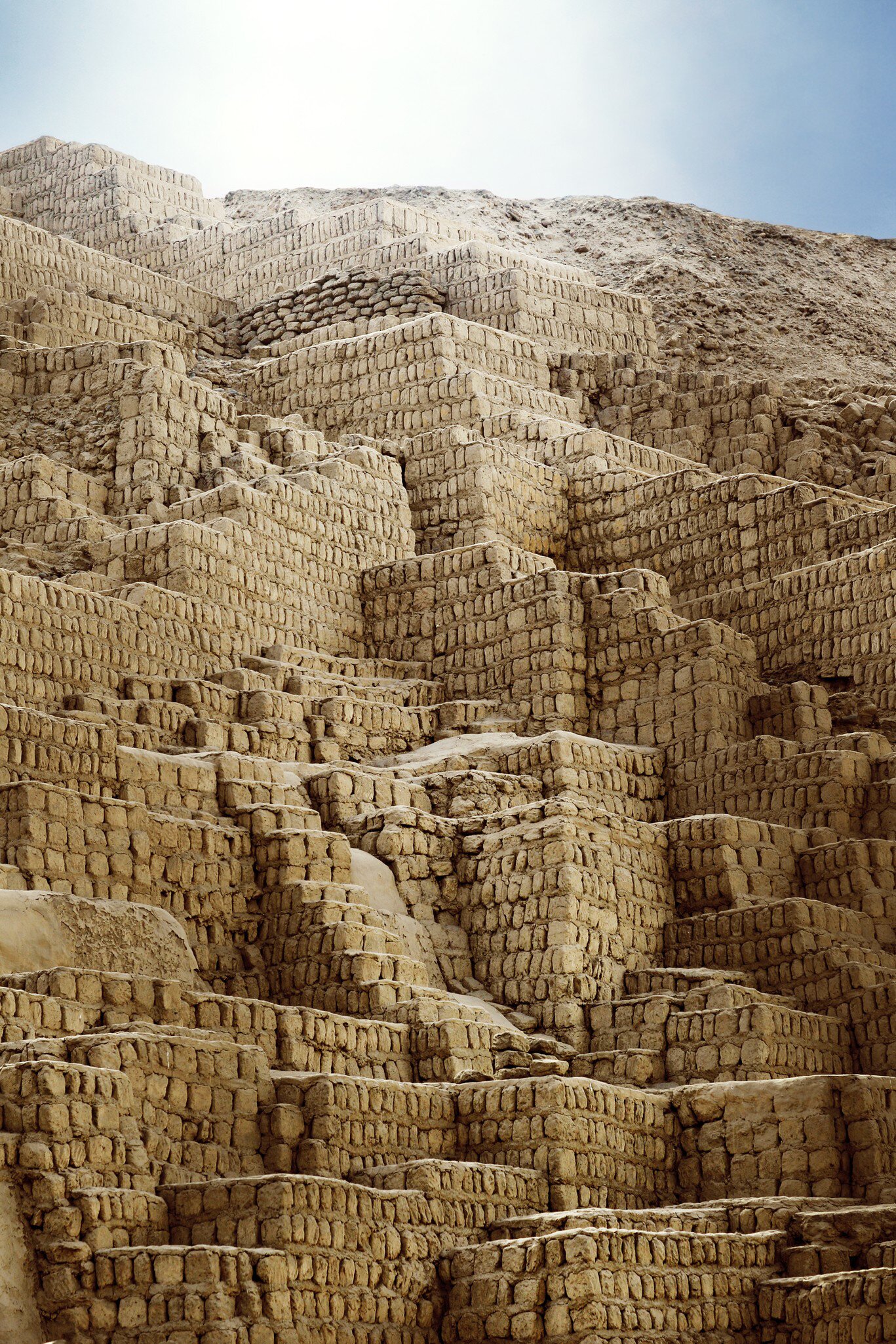 Geometric structures in an adobe pyramid in Lima, Peru.
