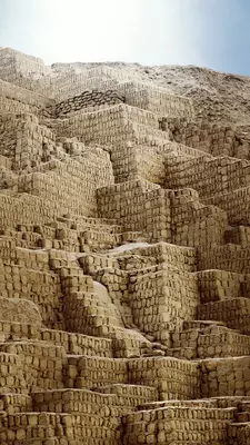 Geometric structures in an adobe pyramid in Lima, Peru. 