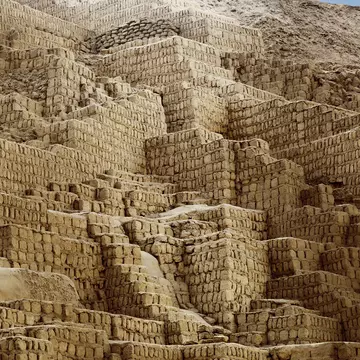 Geometric structures in an adobe pyramid in Lima, Peru.